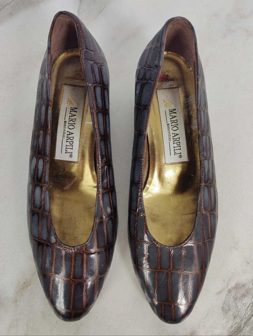 Mario Arpili Italy Croc Embossed Leather Block Heel Pumps, Sz 5